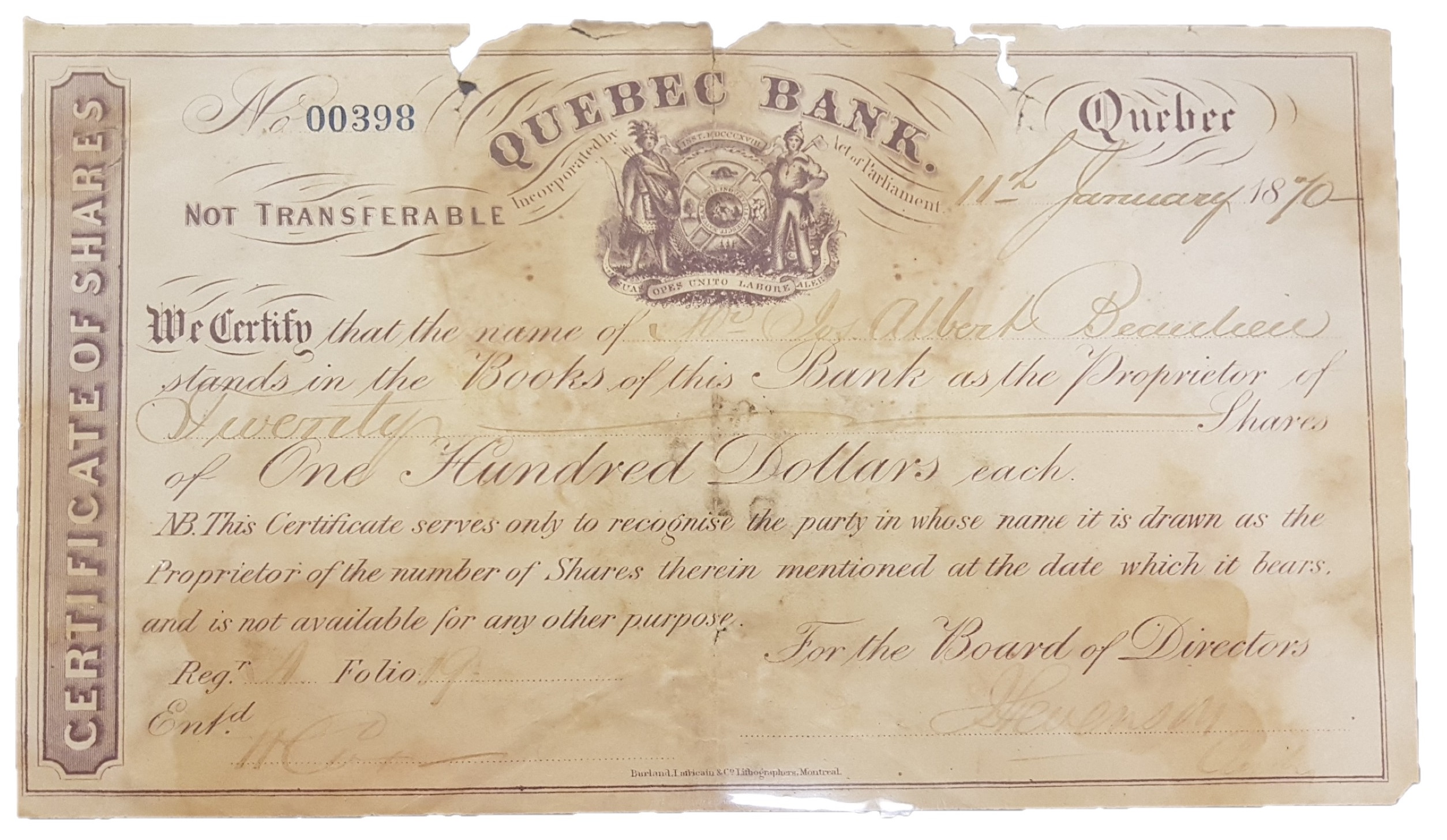 Certificat d'action daté du 11 janvier 1870