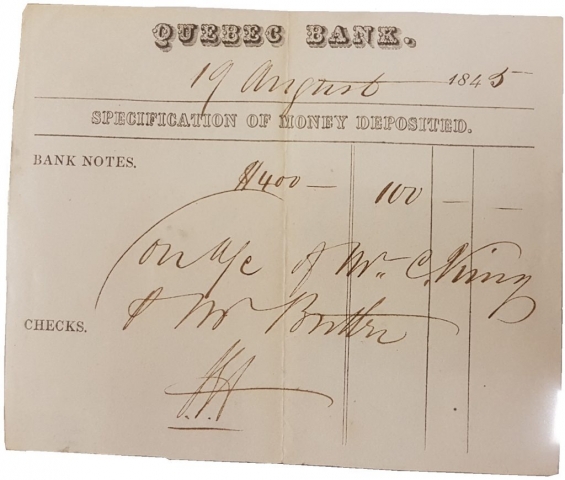 Certificat de dépôt daté du 19 août 1845