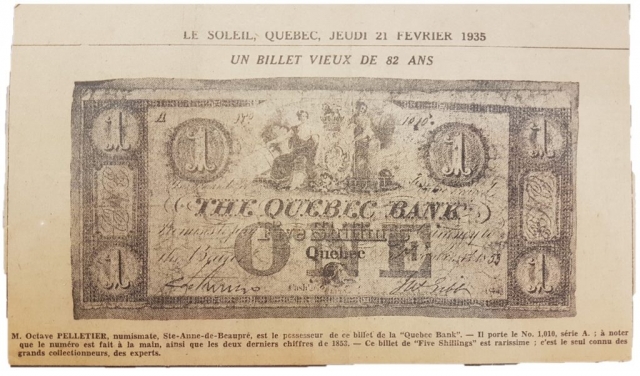 Journal Le Soleil mentionnant un numismate possédant ce billet rarissime