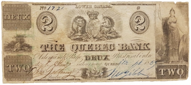 2 dollars de 1885 de la Quebec Bank (Faux d'époque)